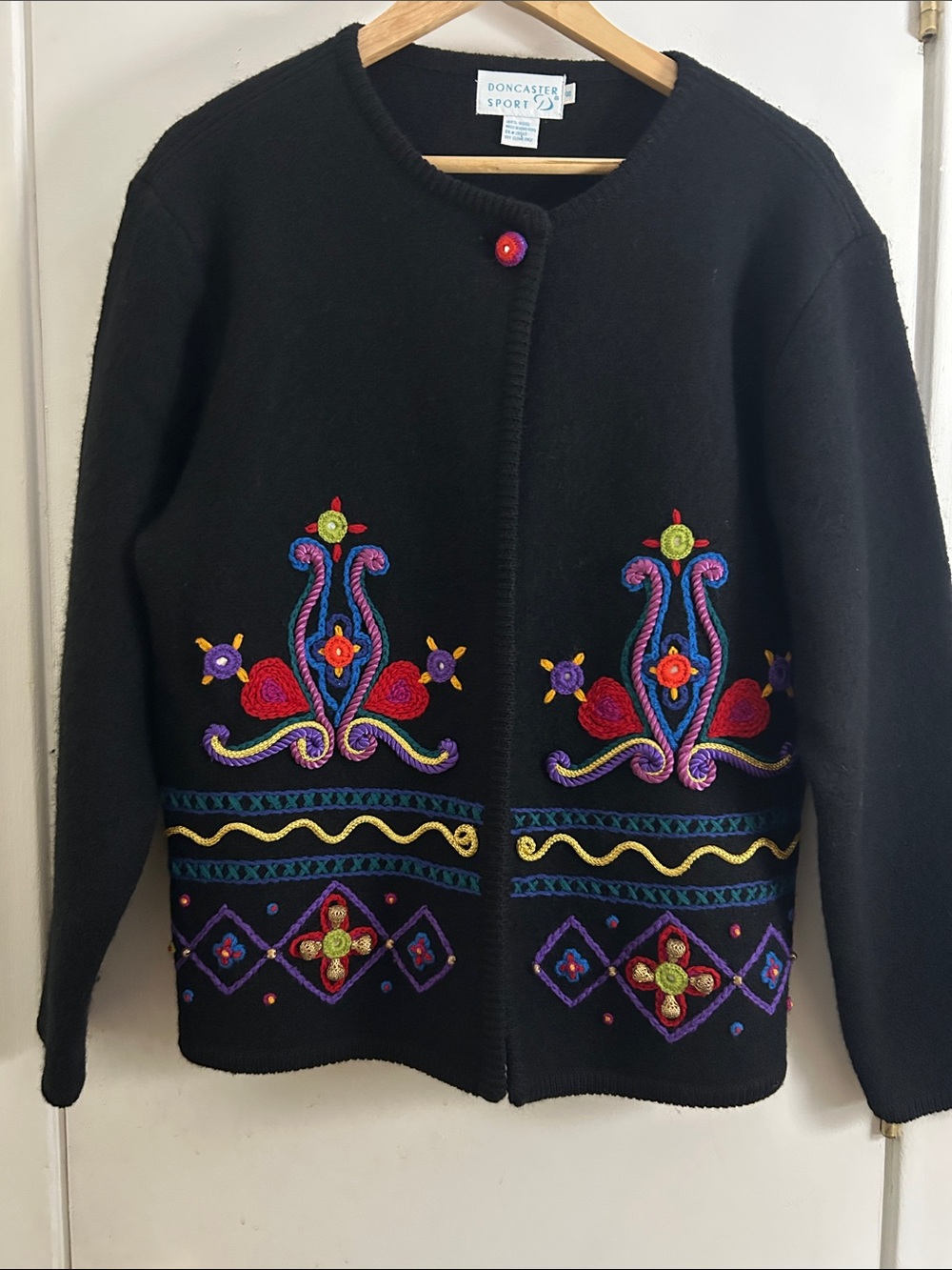 Doncaster Black 100% Wool Cardigan with Multicolor Embroidery